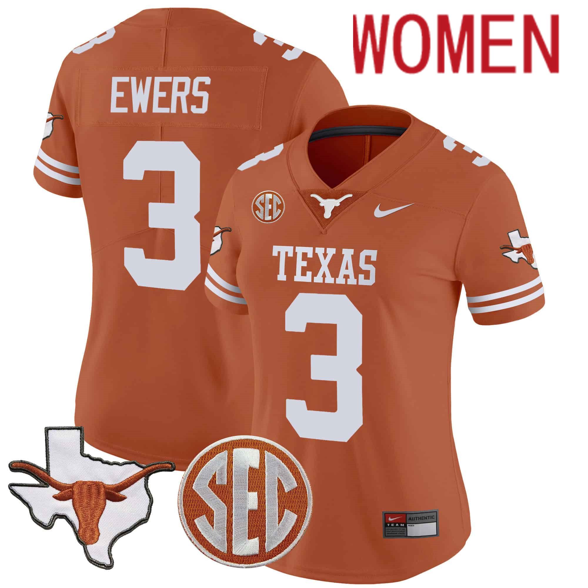 Women Texas Longhorns #3 Ewers Orange 2024 Nike State Map & SEC Patch Vapor NCAA Jersey style 1->women nfl jersey->Women Jersey